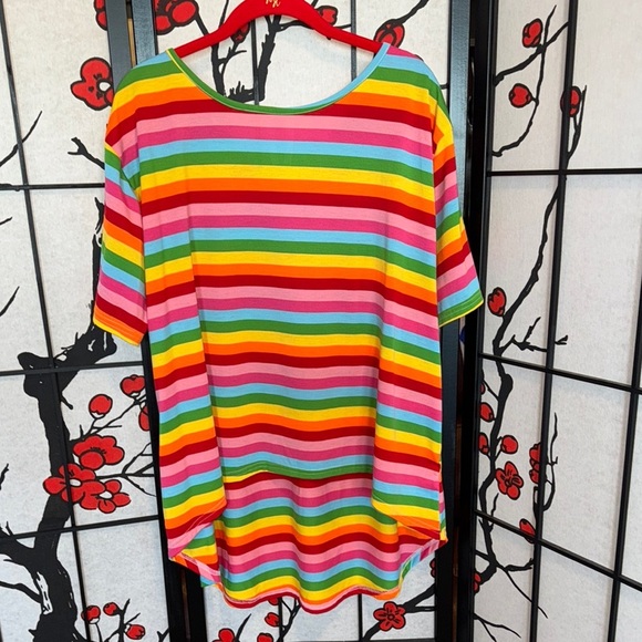 SHEIN 1XL Plus Size High Low High Bow Rainbow Stripe Short Sleeve Tee Shirt - Picture 9 of 12